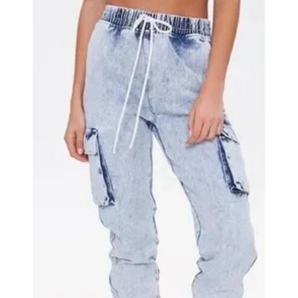 Womens‎ Forever 21 Cargo Acid Wash Drawstring Denim Jean Jogger Pants